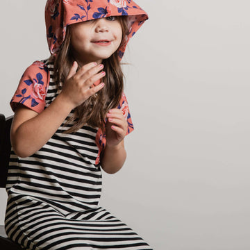 Short Sleeve Hooded Big Pocket Rag - 'Coral Floral' - Black & White Stripe