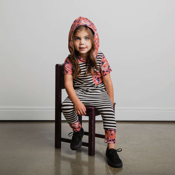 Short Sleeve Hooded Big Pocket Rag - 'Coral Floral' - Black & White Stripe