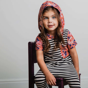 Short Sleeve Hooded Big Pocket Rag - 'Coral Floral' - Black & White Stripe