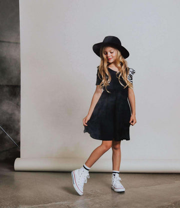 Short Sleeve Ruffle Swing Dress - 'Black' - Striped Ruffle
