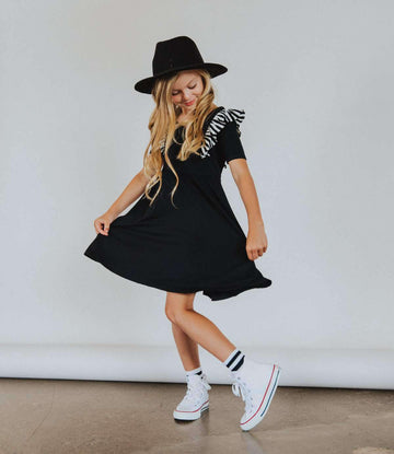 Short Sleeve Ruffle Swing Dress - 'Black' - Striped Ruffle