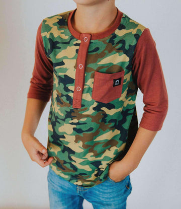 3/4 Sleeve Henley Tee - 'Camo' - Maroon