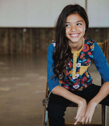 3/4 Sleeve Henley Tee - 'Fall Poppy Floral' - Dark Blue