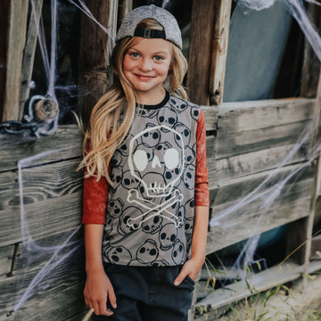 3/4 Sleeve Tee - 'Skull & Crossbones' - Skull Pattern