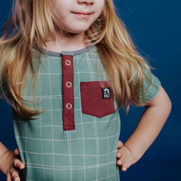 Short Sleeve Henley Rag - 'Partial Grid' - Granite Green