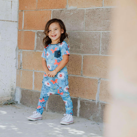 Short Sleeve Rag - 'Fall Daffodil Floral' - Stone Blue