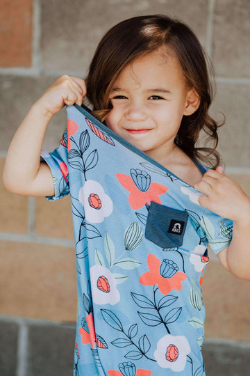 Short Sleeve Rag - 'Fall Daffodil Floral' - Stone Blue