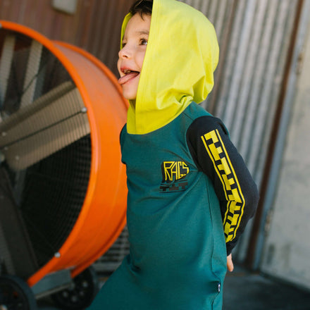 Long Sleeve Hooded Rag Romper - 'Checkered Rags' - Mediterranean Teal