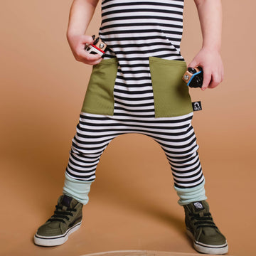 Short Sleeve Hip Pocket Rag - 'Black & White Stripe' - Green Pocket