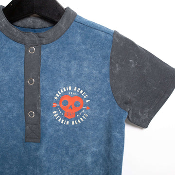 Short Sleeve Henley Rounded Kids Tee - 'Breakin Bones' - Washed Stellar