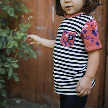 Short Sleeve Chest Pocket Tee - 'Coral Floral' - Black & White Stripe