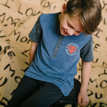 Short Sleeve Henley Rounded Kids Tee - 'Breakin Bones' - Washed Stellar