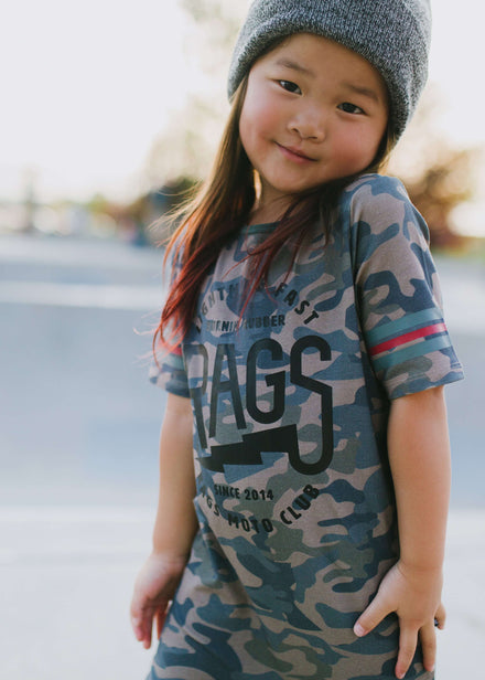Retro Short Sleeve Rag Romper - 'RAGS Lightning Fast' - Camo