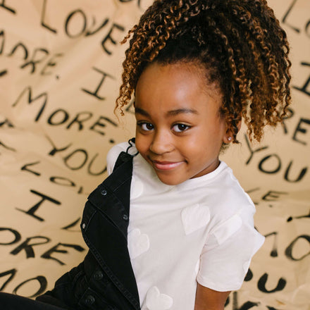 Short Sleeve Kids Tee - 'Puff Print Hearts' - Cream