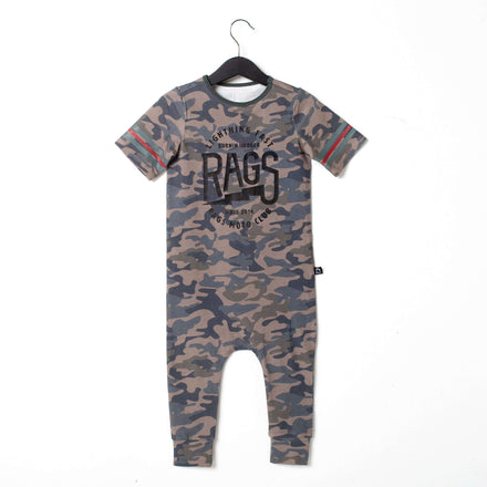 Retro Short Sleeve Rag Romper - 'RAGS Lightning Fast' - Camo