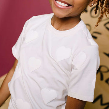 Short Sleeve Kids Tee - 'Puff Print Hearts' - Cream