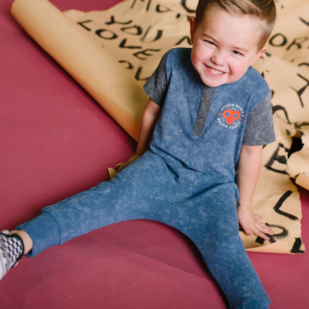 Short Sleeve Henley Rag Romper - 'Breakin Bones' - Washed Stellar