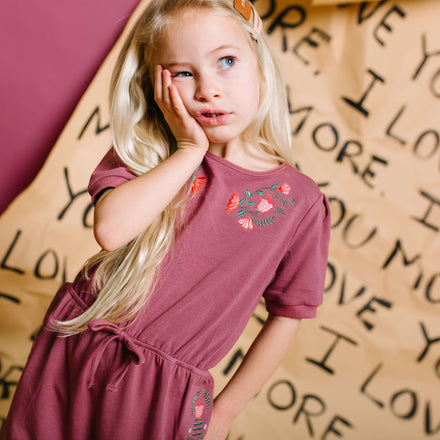 Puff Sleeve Gather Waist Rag Romper - 'Floral Embroidery' - Roan Rouge