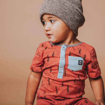 Short Sleeve Henley Rag - 'Little Forest Print' - Rust