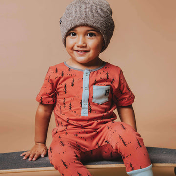 Short Sleeve Henley Rag - 'Little Forest Print' - Rust
