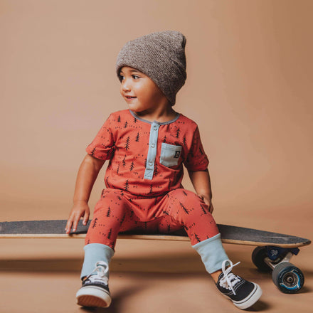 Short Sleeve Henley Rag - 'Little Forest Print' - Rust