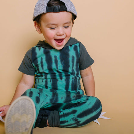 Short Sleeve Hooded Peek Pocket Rag Romper - 'Tie Dye' - Basil & Phantom