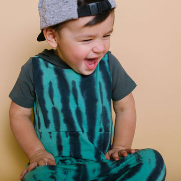 Short Sleeve Hooded Peek Pocket Rag Romper - 'Tie Dye' - Basil & Phantom