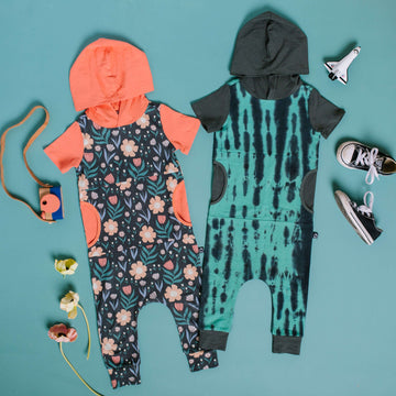 Short Sleeve Hooded Peek Pocket Rag Romper - 'Spring Floral' - Phantom