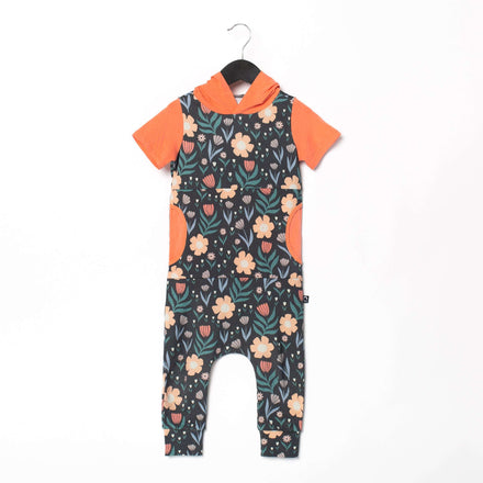 Short Sleeve Hooded Peek Pocket Rag Romper - 'Spring Floral' - Phantom