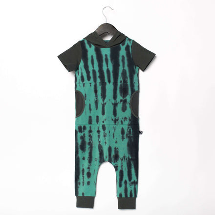 Short Sleeve Hooded Peek Pocket Rag Romper - 'Tie Dye' - Basil & Phantom