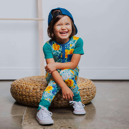 Short Sleeve Henley Rag - 'Rose Floral' - Cameo Blue