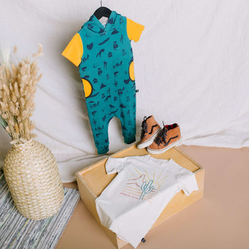 Short Sleeve Hooded Peek Pocket Rag Romper - 'Ivy Outdoors'