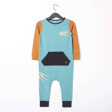 Long Sleeve Kangaroo Pocket Rag Romper - 'Yaaay!!' - Reef Waters