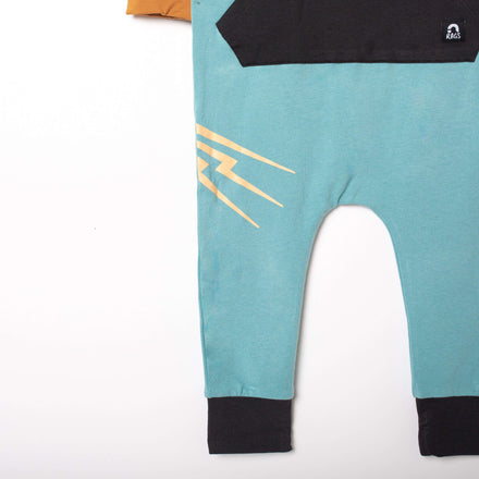 Long Sleeve Kangaroo Pocket Rag Romper - 'Yaaay!!' - Reef Waters