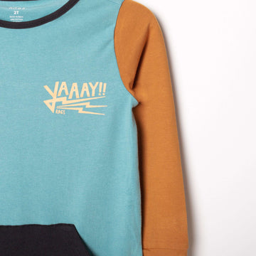 Long Sleeve Kangaroo Pocket Rag Romper - 'Yaaay!!' - Reef Waters