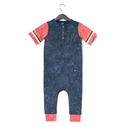Retro Short Sleeve Henley Kangaroo Pocket Rag Romper - 'Washed Midnight Navy'