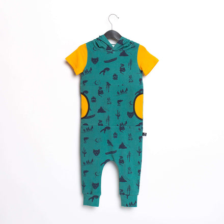 Short Sleeve Hooded Peek Pocket Rag Romper - 'Ivy Outdoors'