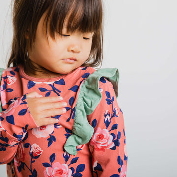 Long Sleeve Ruffle Rag - 'Small Rose Floral' - Persimmon