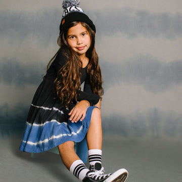 Long Sleeve Swing Dress - 'Regatta Tie Dye' - Black