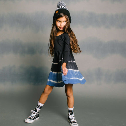 Long Sleeve Swing Dress - 'Regatta Tie Dye' - Black