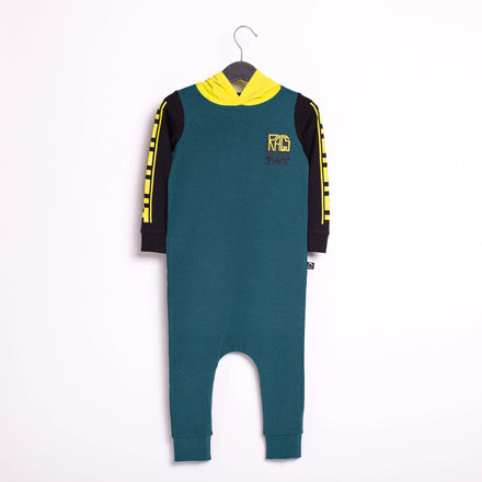Long Sleeve Hooded Rag Romper - 'Checkered Rags' - Mediterranean Teal