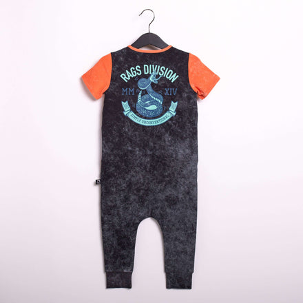 Short Sleeve Peek Pocket Rag Romper - 'Cobra Rags Division' - Phantom Stone Wash