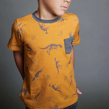 Short Sleeve Chest Pocket Tee - 'Dino' - Mustard