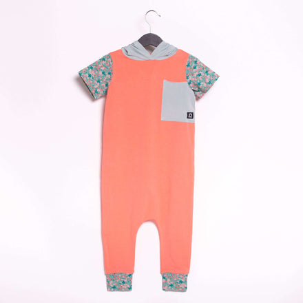 Short Sleeve Hooded Big Pocket Rag Romper - 'Lantana Pink (Minor Defect)' - Meadow Floral