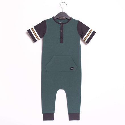 Henley Retro Short Sleeve Kangaroo Pocket Rag Romper - 'Silver Pine (Minor Defect)'
