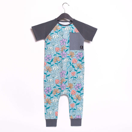 Short Sleeve Big Pocket Rag Romper - 'Blue Painterly Floral (Minor Defect)'