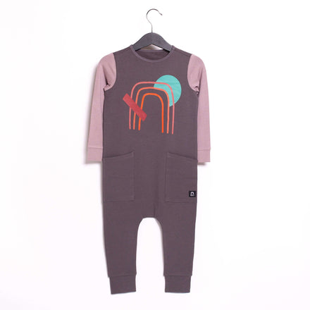 Long Sleeve Hip Pocket Rag Romper- 'Abstract Rainbow' - Volcanic Glass