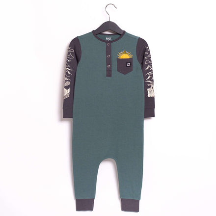 Long Sleeve Henley Pocket Rag Romper - 'Outdoors' - Silver Pine