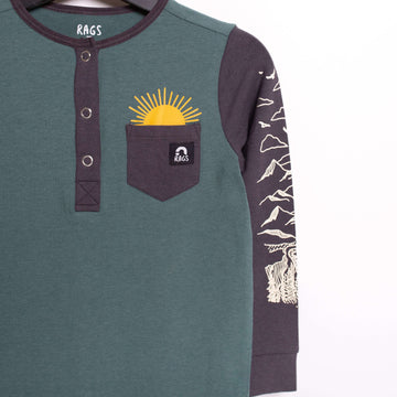 Long Sleeve Henley Pocket Rag Romper - 'Outdoors' - Silver Pine