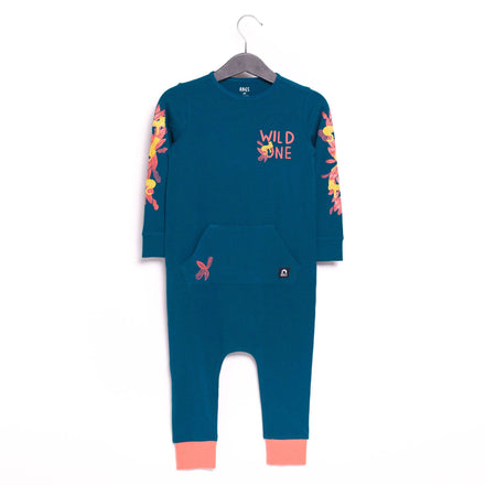 Long Sleeve Kangaroo Pocket Rag Romper - 'Wild One' - Lyons Blue